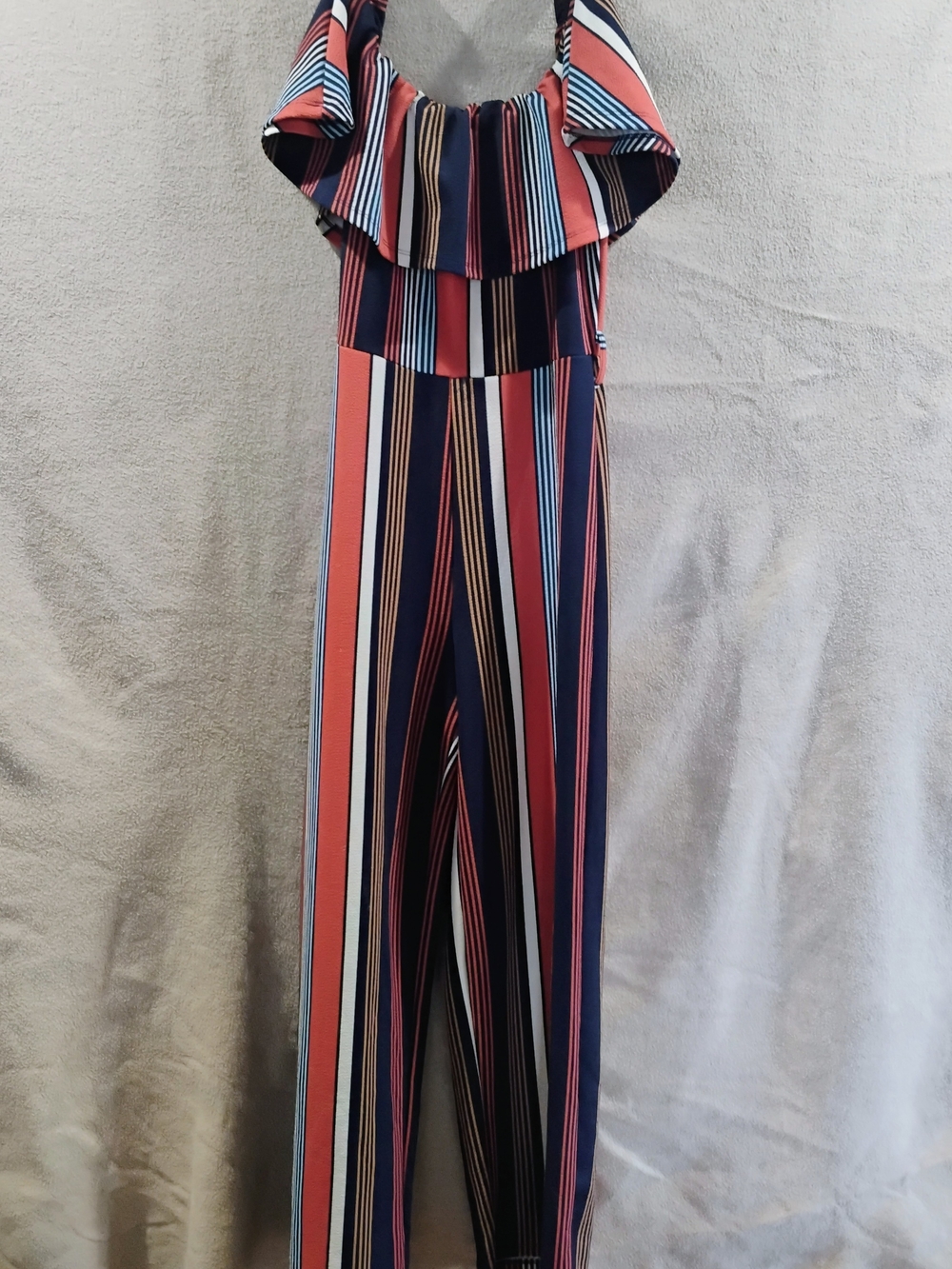 Almost Famous Striped Halter Jumpsuit in Navy and Coral